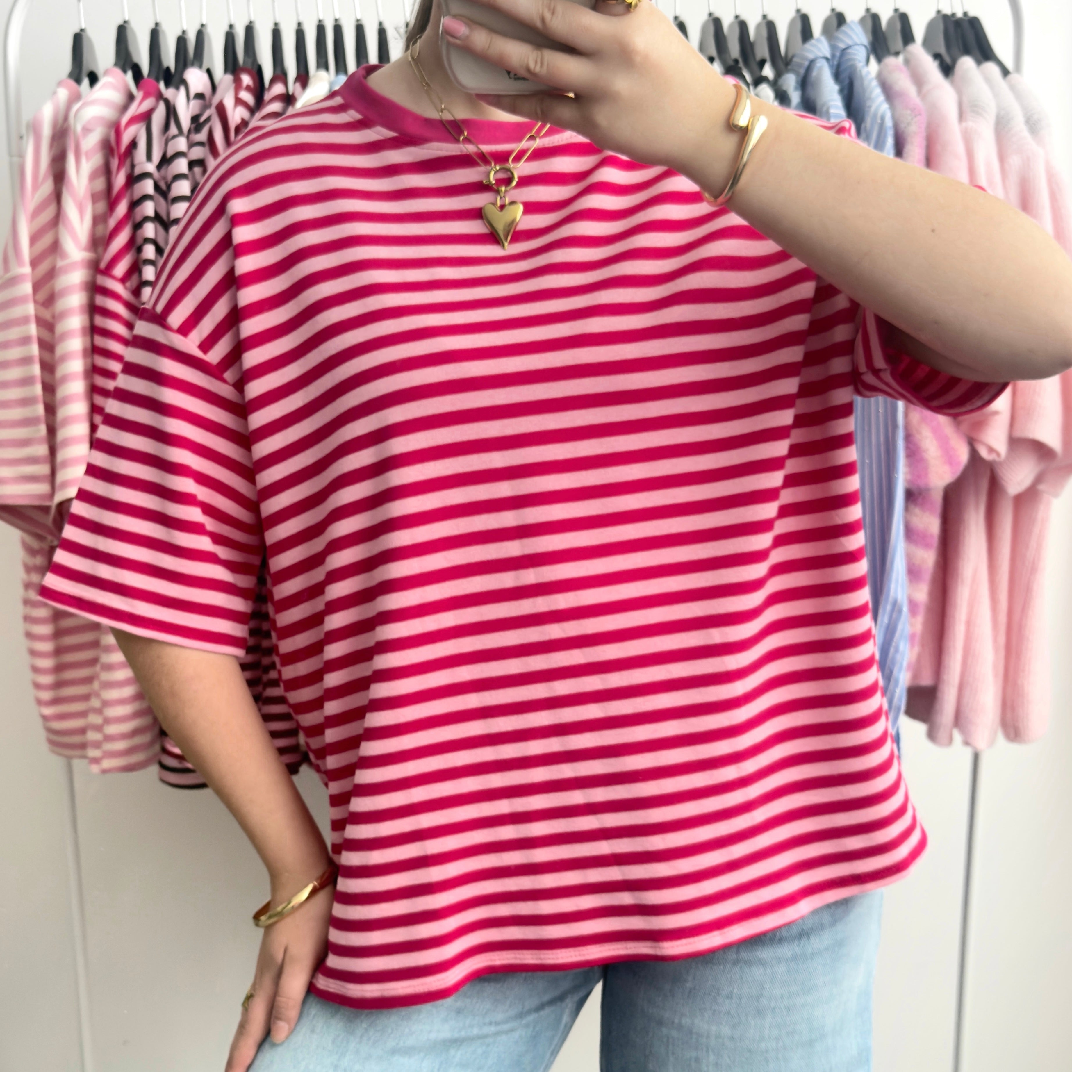 Roze donkerroze gestreept oversized t-shirt dames