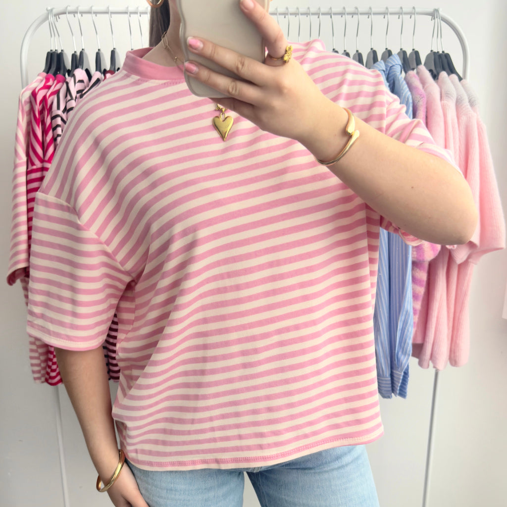 Roze lichtroze gestreept oversized t-shirt dames