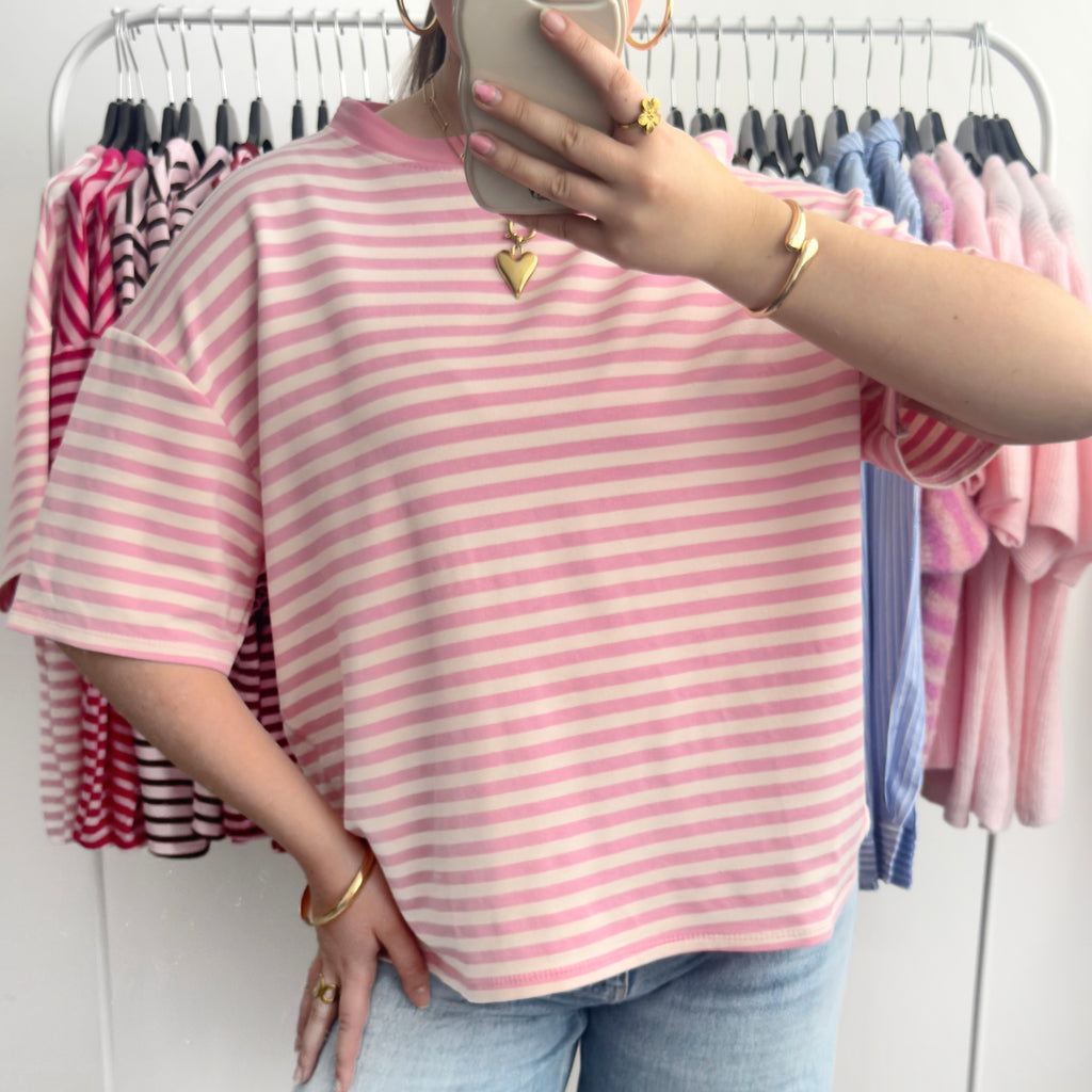 Roze lichtroze gestreept oversized t-shirt dames