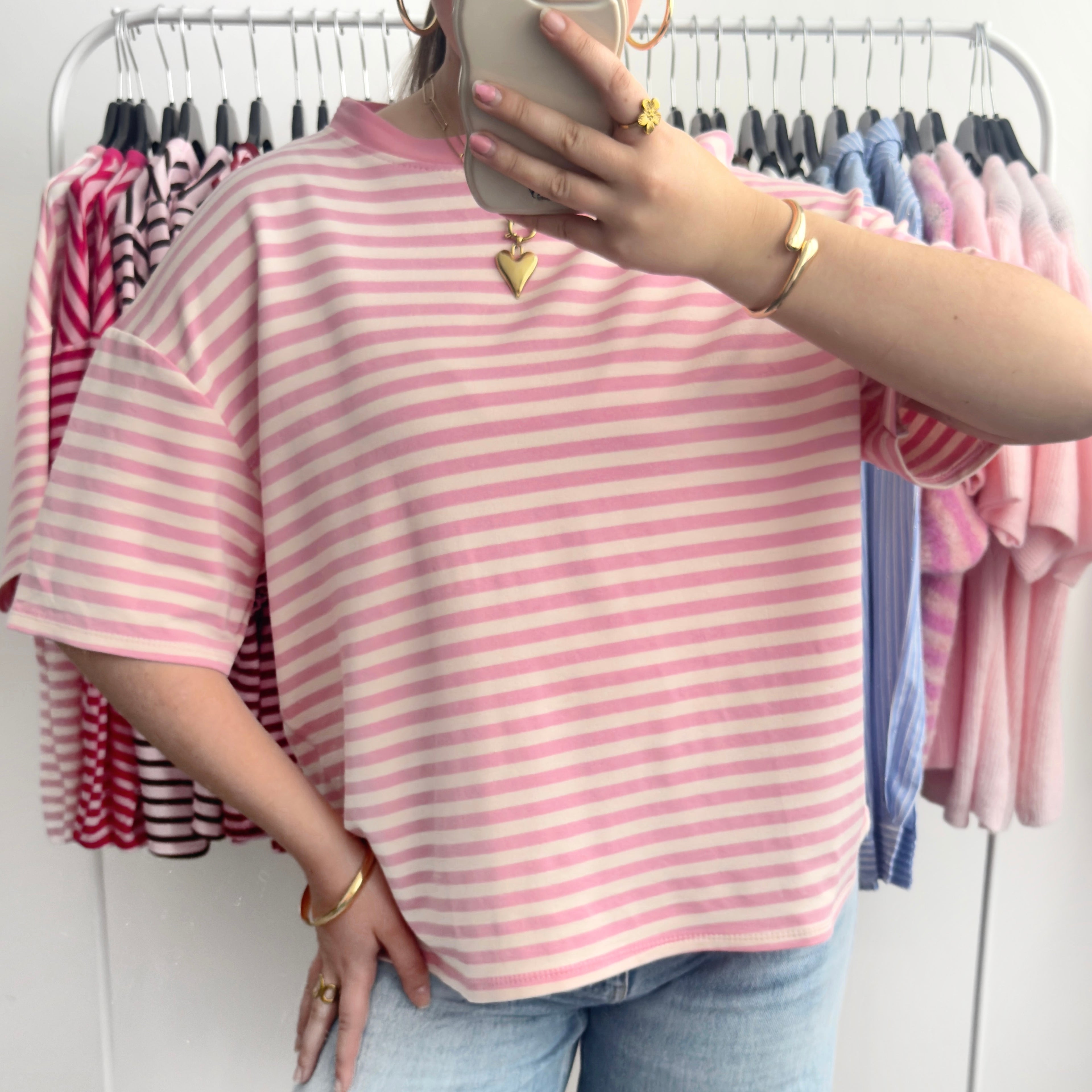 Roze lichtroze gestreept oversized t-shirt dames